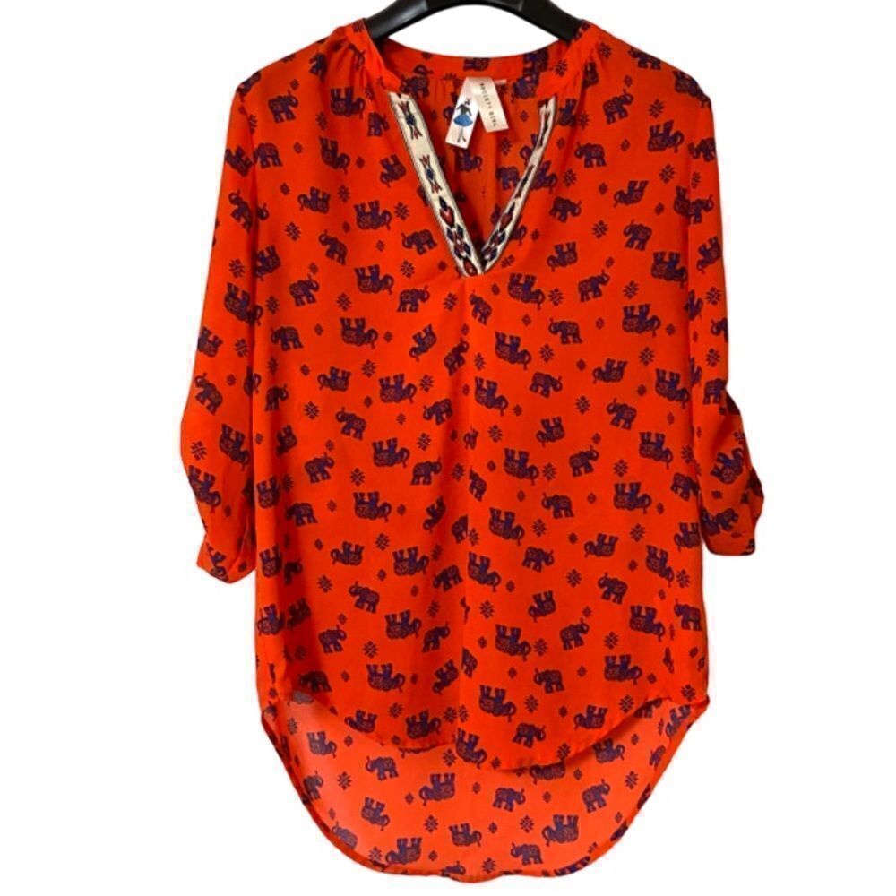 Society Girl Women’s Orange Blue Elephant V Neck Blouse